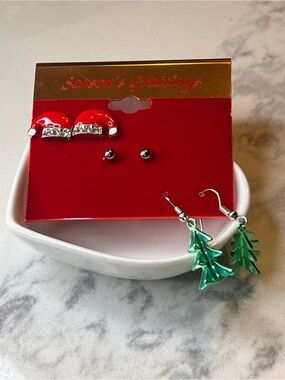 Holiday Earrings Set — Red Santa Hat Studs & Green Christmas Tree Dangles